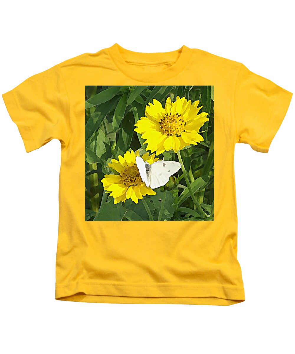 Flowers Kids T-Shirt featuring the mixed media Yellow Cow Pen Daisies with White Butterfly by Shelli Fitzpatrick