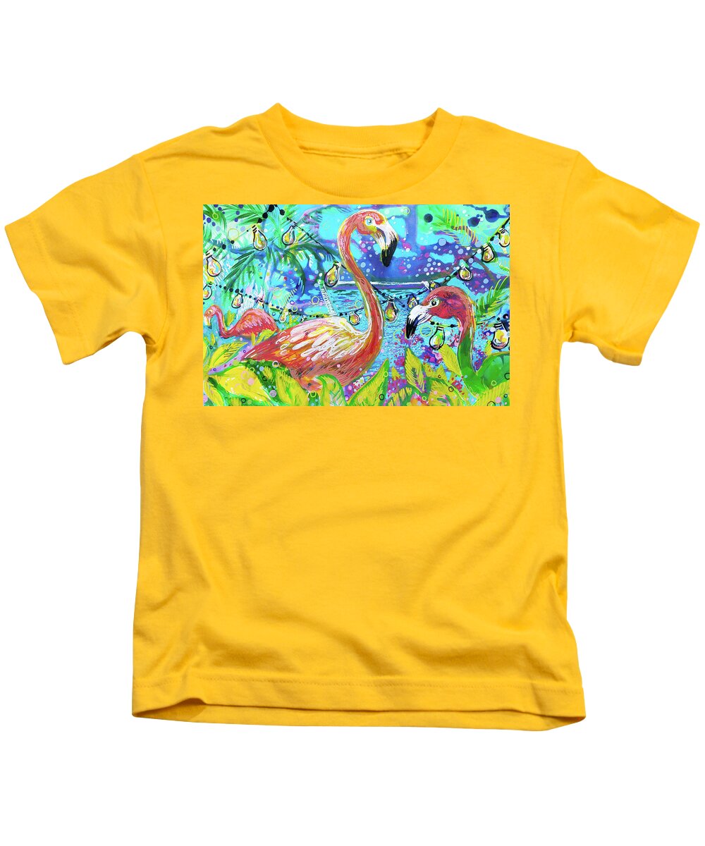 Flamingo Kids T-Shirt featuring the painting Outdoor flamingo party by Tilly Strauss