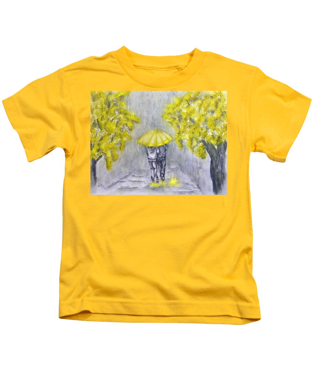 Yellow Umbrella Kids T-Shirt featuring the painting Pouring Rain in Yellow by Kelly Mills