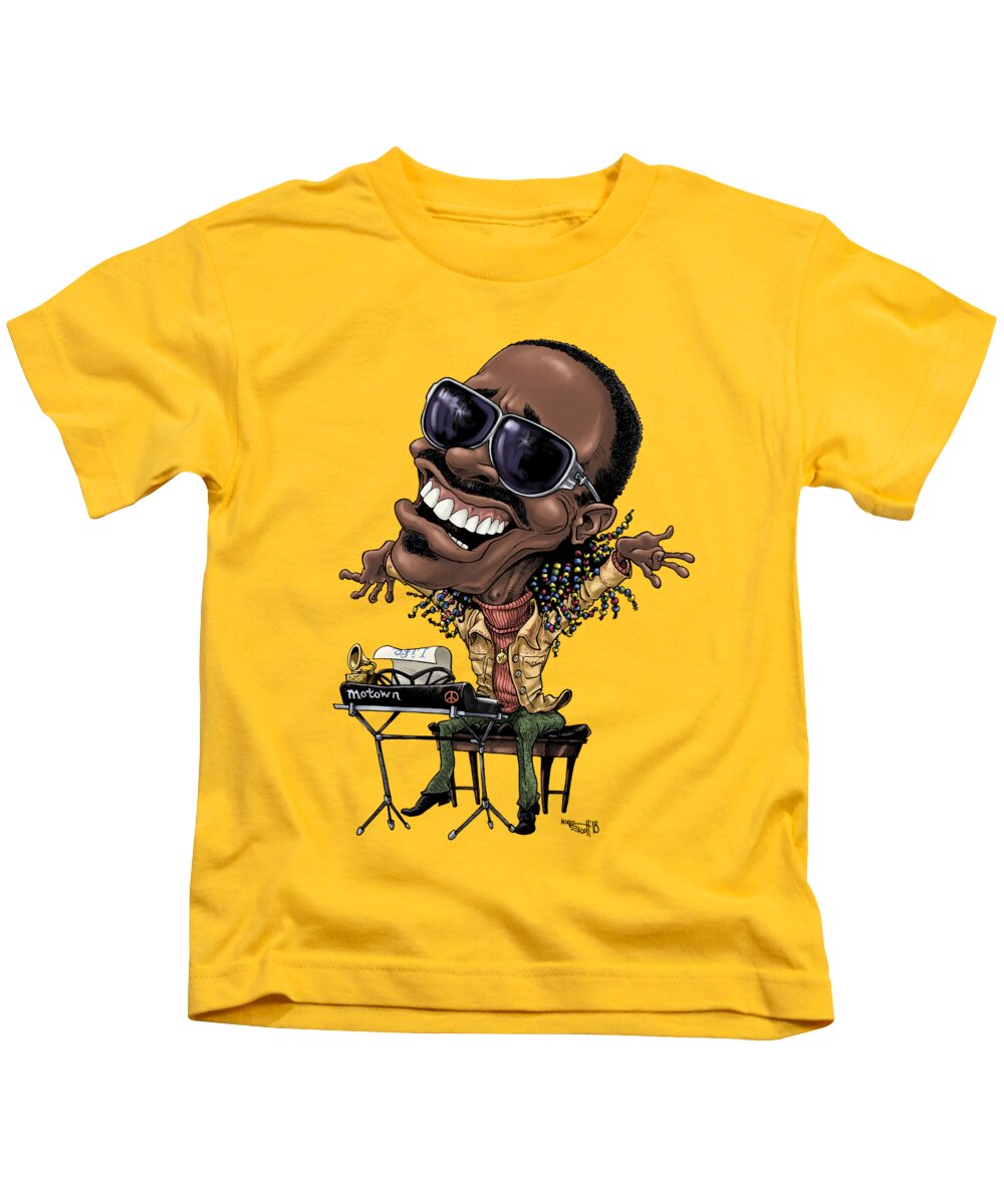 Caricature Kids T-Shirt featuring the drawing Stevie Wonder in color by Mike Scott