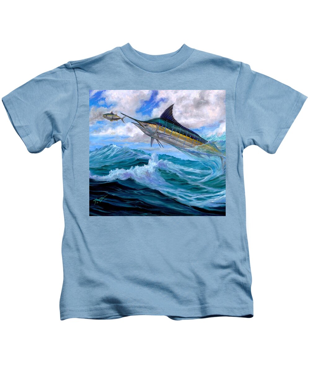 Blue Marlin Kids T-Shirt featuring the painting Marlin Low-Flying by Terry Fox