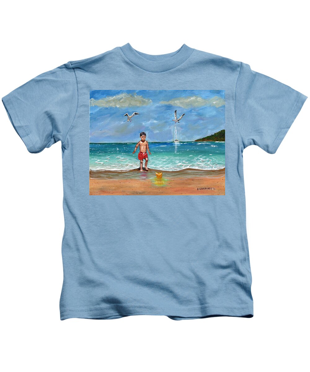 Seascape Kids T-Shirt featuring the painting Beach Day by Laura Forde
