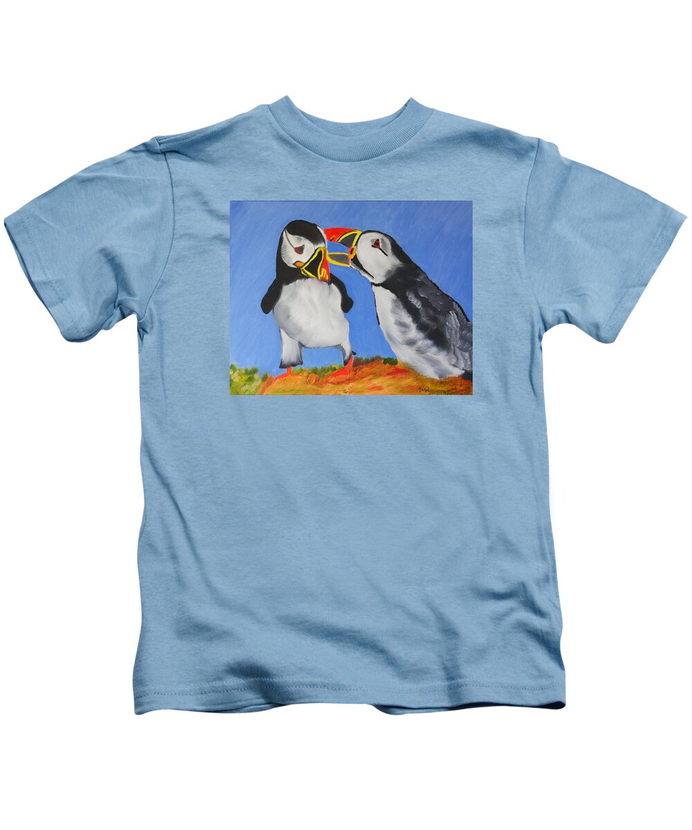 Atlantic Puffin Kids T-Shirt featuring the painting A Mother's Love by Meryl Goudey