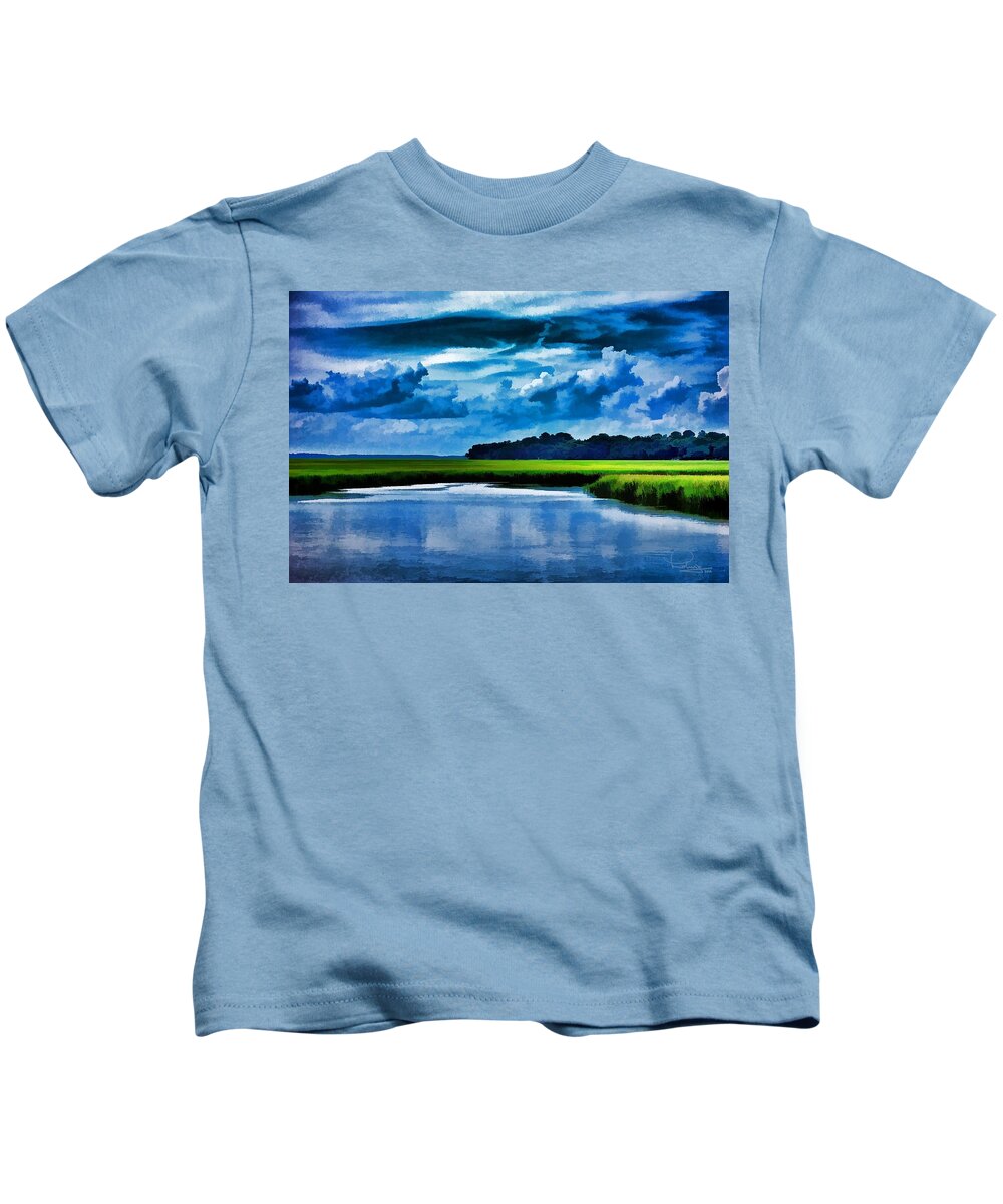 Landscape Kids T-Shirt featuring the digital art Evening on the marsh by Ludwig Keck