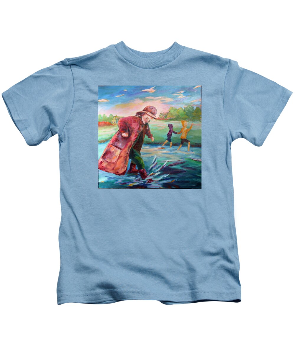 Kids Are Exploring One Big Water Puddle After A Big Summer Rain! Kids T-Shirt featuring the painting Exploring Puddles by Naomi Gerrard