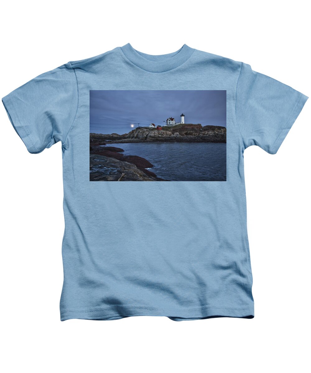 Maine Lighthouse Kids T-Shirt featuring the photograph Full Moon Rise Over Nubble by Jeff Folger