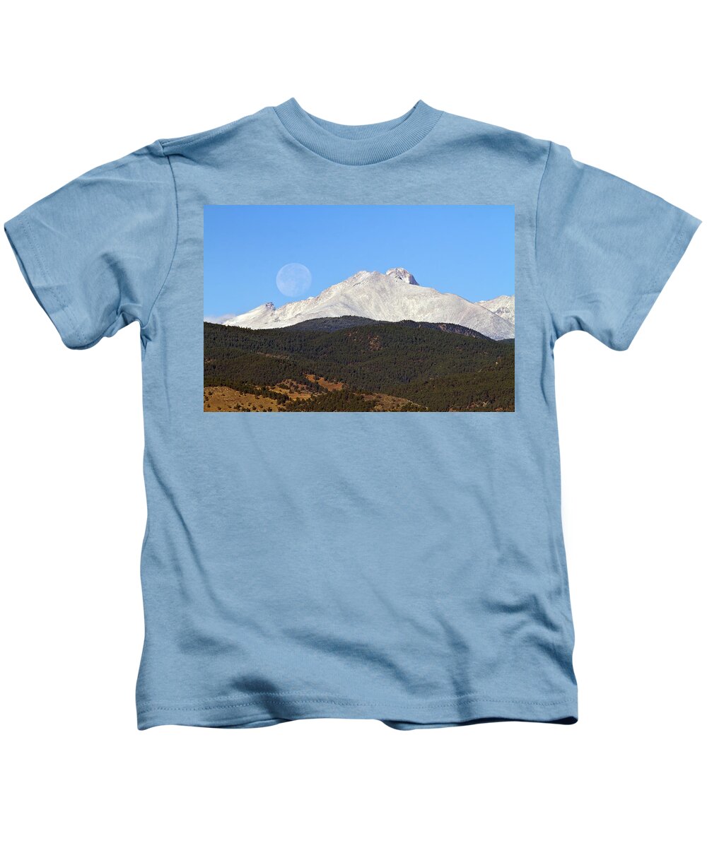 Colorado Kids T-Shirt featuring the photograph Full Moon Setting Over Snow Covered Twin Peaks by James BO Insogna