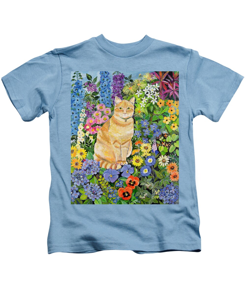 Pansy; Delphinium; Brown-eyed Susan; Lupin; Periwinkle; Ginger Tom Kids T-Shirt featuring the painting Gordon s Cat by Hilary Jones