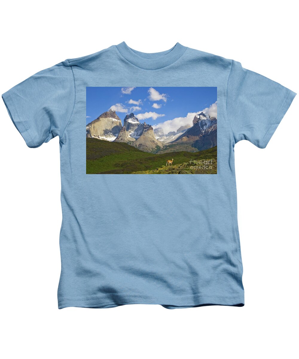 00345710 Kids T-Shirt featuring the photograph Guanaco And Cuernos Del Paine Peaks by Yva Momatiuk John Eastcott