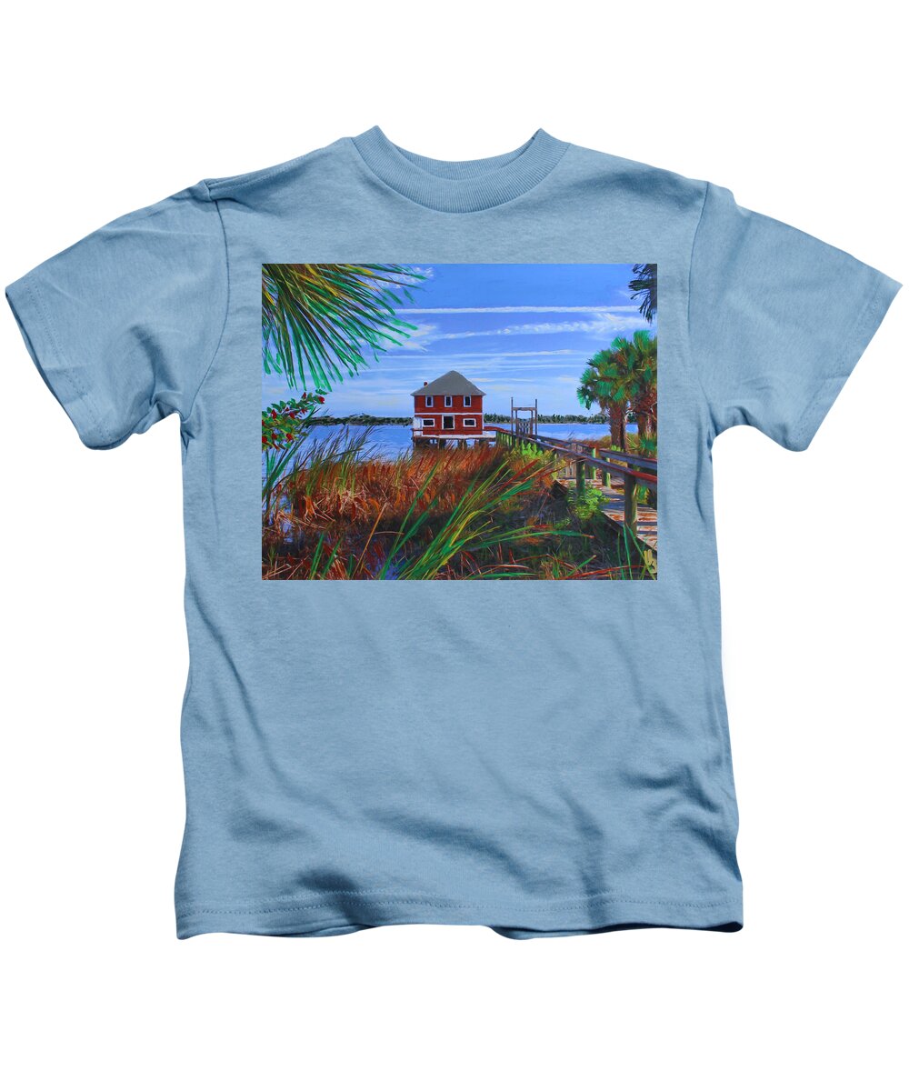 Boathouse Kids T-Shirt featuring the mixed media Historic Ormond Boathouse by Deborah Boyd