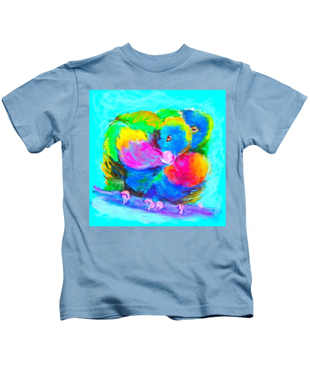 Rainbow Lorikeets Kids T-Shirt featuring the painting In Love Birds - Lorikeets by Sue Jacobi