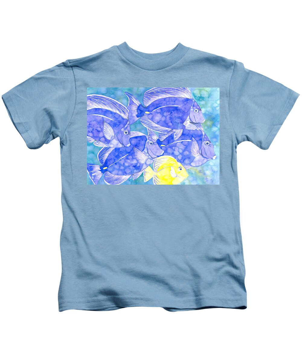 Tropical Fish Kids T-Shirt featuring the painting Junior Goes To School by Pauline Walsh Jacobson