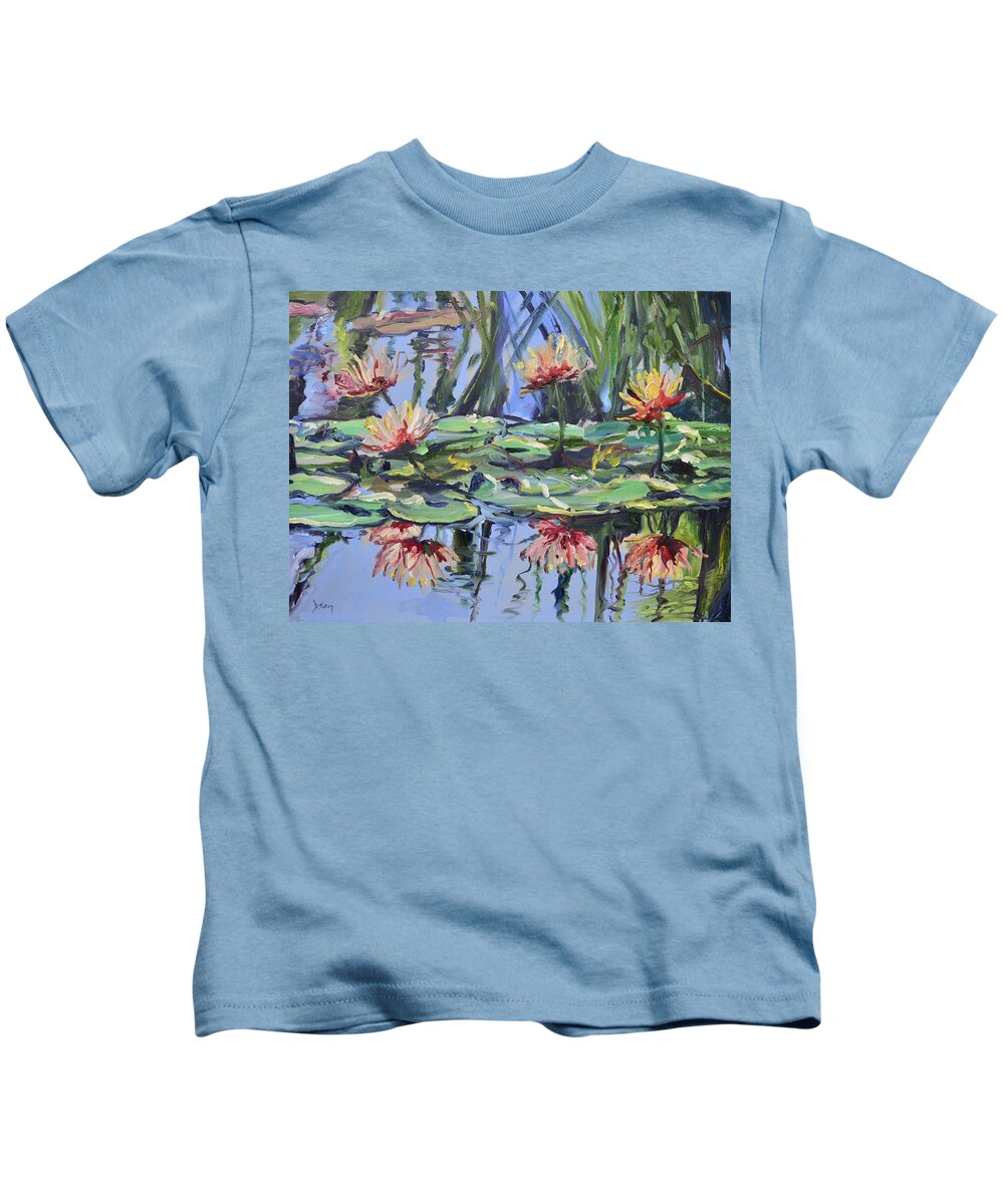 Lily Kids T-Shirt featuring the painting Lily Pond Reflections by Donna Tuten