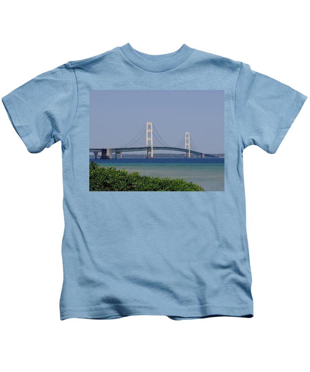Mackinac Bridge Kids T-Shirt featuring the photograph Mackinac Bridge Blue by Keith Stokes