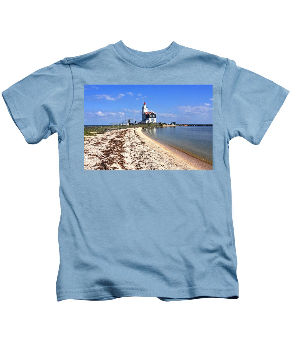 Lighthouse Kids T-Shirt featuring the photograph Marken Lighthouse And Beach by Aidan Moran