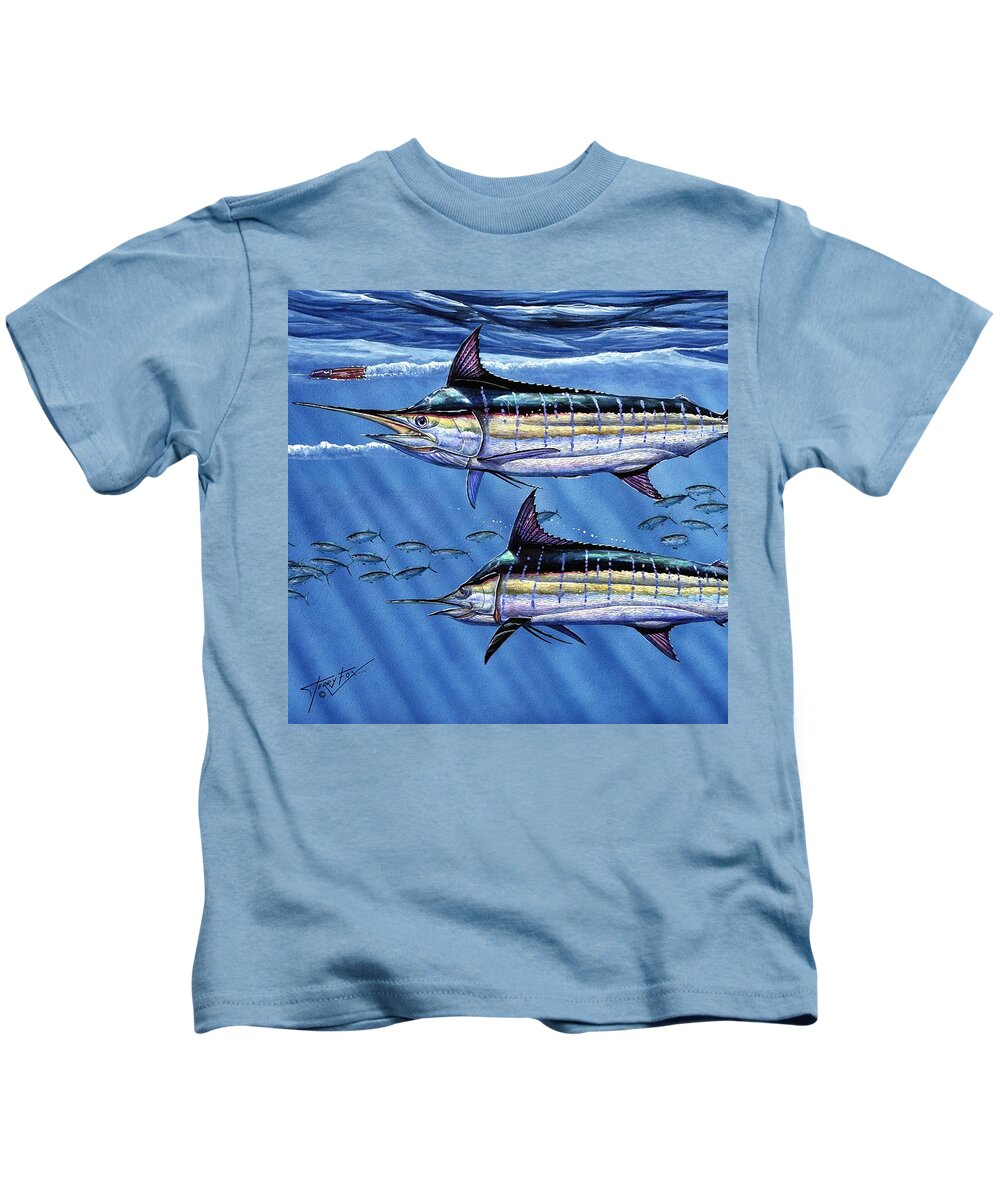 Blue Marlin Kids T-Shirt featuring the painting Marlins Twins by Terry Fox