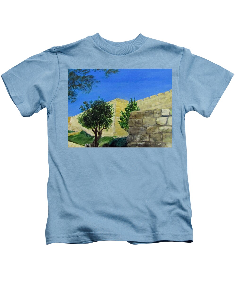 Israel Kids T-Shirt featuring the painting Outside the Wall - Jerusalem by Linda Feinberg