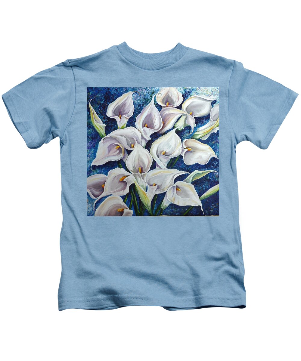 Calla Lilies Painting White Calla Lilies Painting Floral Painting Botanical Painting Flower Painting Blue And White Painting Lily Painting Kids T-Shirt featuring the painting Peace by Karin Dawn Kelshall- Best