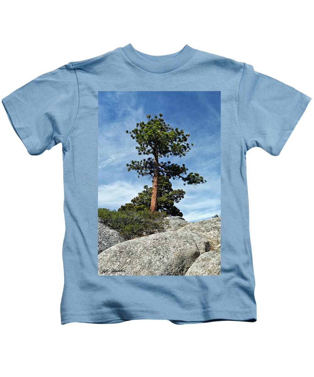 Beauty In Nature Kids T-Shirt featuring the photograph Ponderosa Pine and Granite Boulders by Jeff Goulden