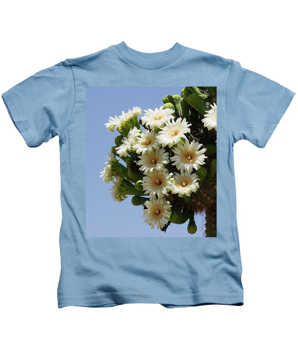 Saguaro In Bloom In The Superstition Mountains Kids T-Shirt featuring the photograph Saguaro in Bloom In The Superstition Mountains by Tom Janca
