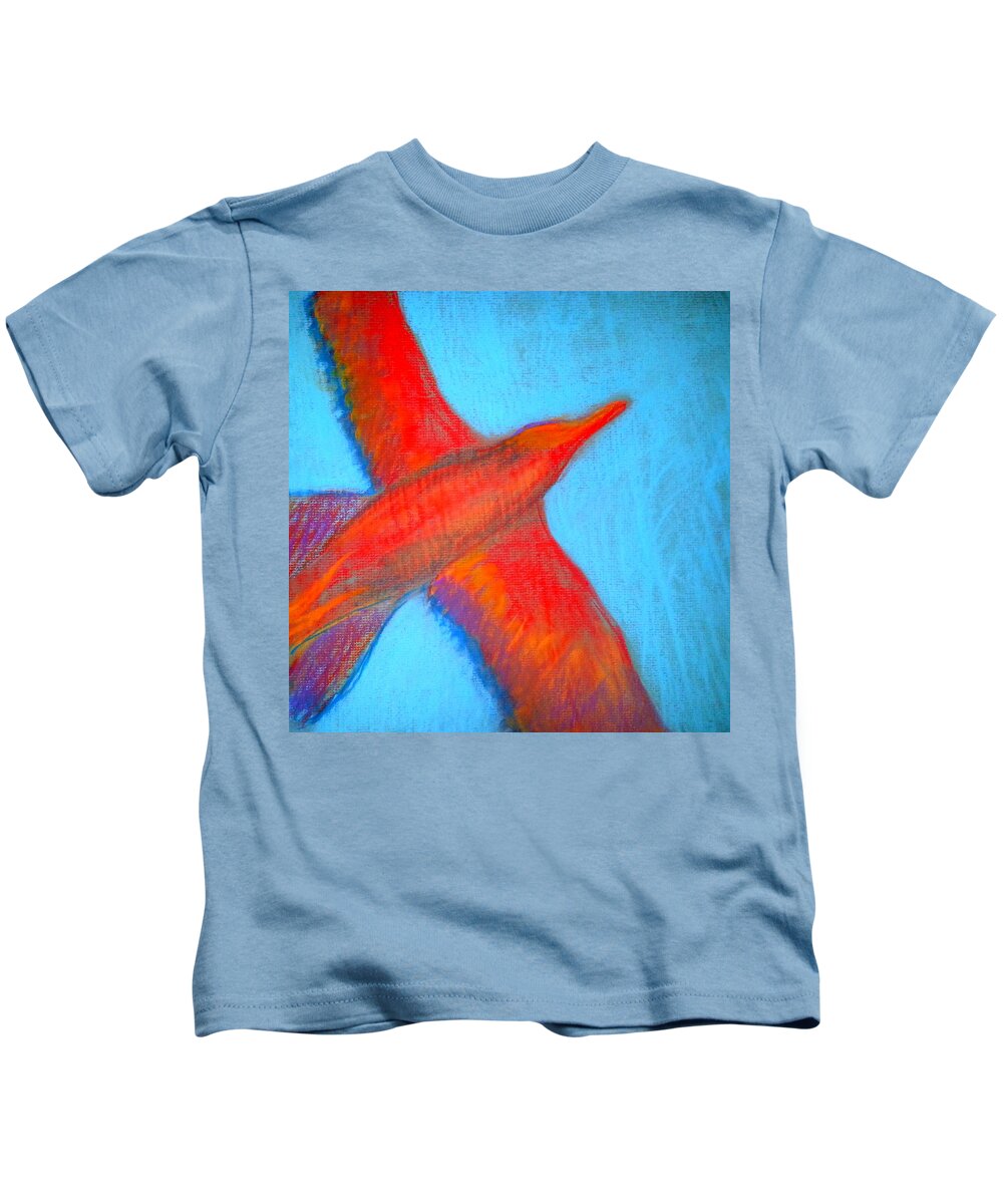 Bird Seagull Silhouette Colorful Whimsical Quirky Decorative Colourful Bright Vibrant Pastel Soft Pastels Soft-pastels Painting Pretty Unique Style Bold Strokes Birdie Birds Birdies Heart-warming Cute Child's-room Childs Child's Room Vivid Drawing Sojisch Sketch Loose Distinctive Funny Fun Flight Flying Fly Take-off Sky Red Blue Kids T-Shirt featuring the painting Seagull Silhouette by Sue Jacobi