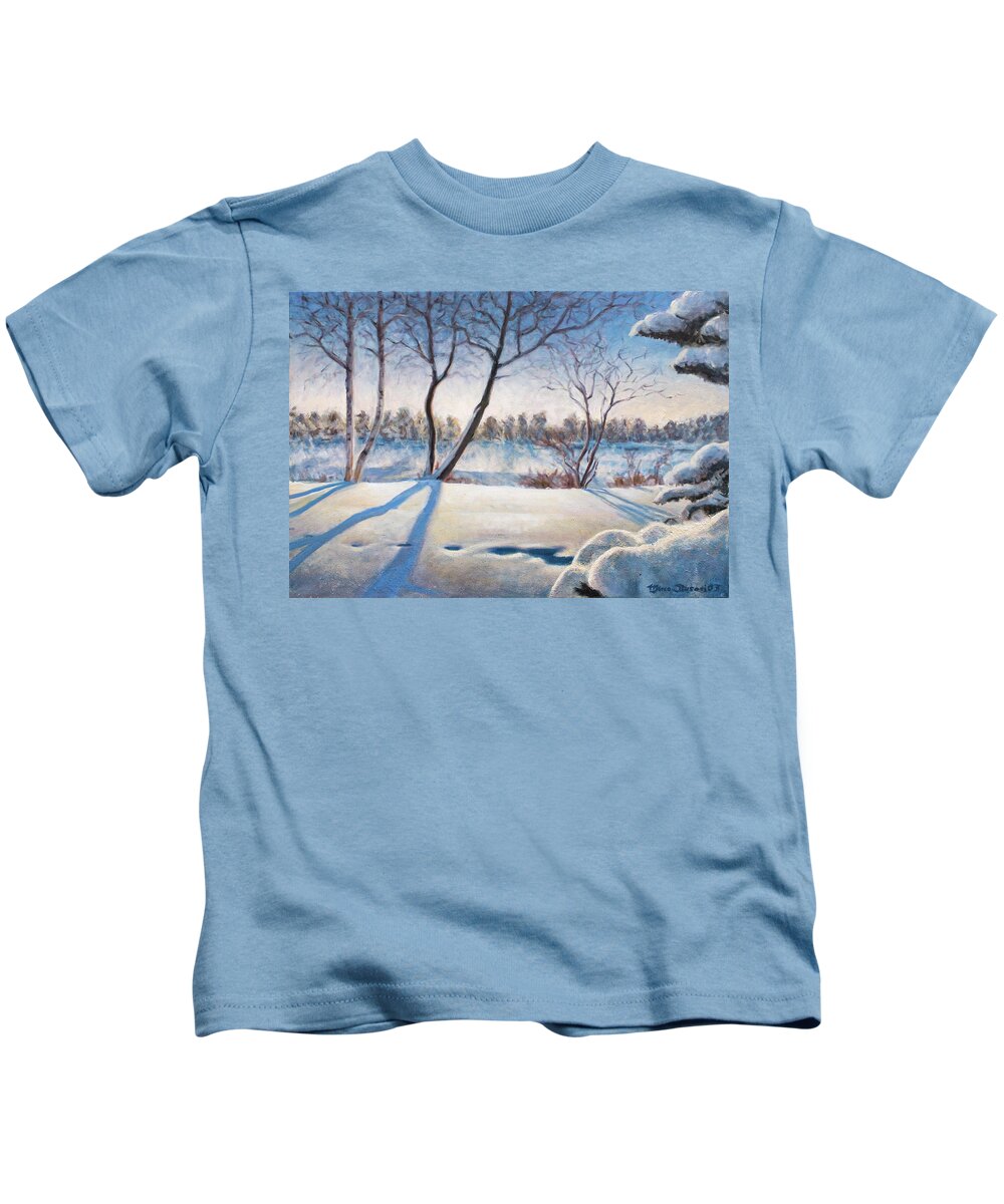 Snow Kids T-Shirt featuring the painting Shadows on the snow by Marco Busoni