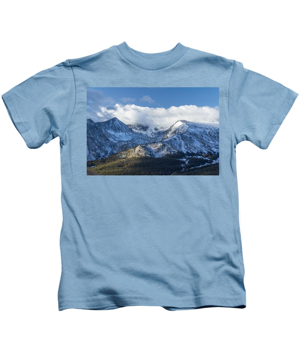 Mountains Kids T-Shirt featuring the photograph Snow-Coated Mountains in Colorado by Tony Hake