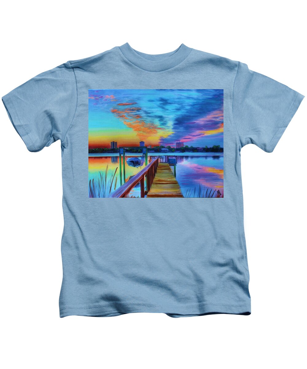 Boat Kids T-Shirt featuring the painting Sunrise On The Dock by Deborah Boyd