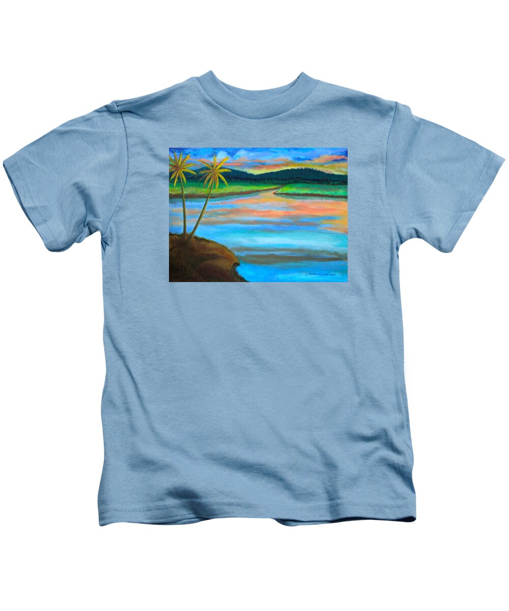 Landscape Kids T-Shirt featuring the painting Sunset by Cyril Maza
