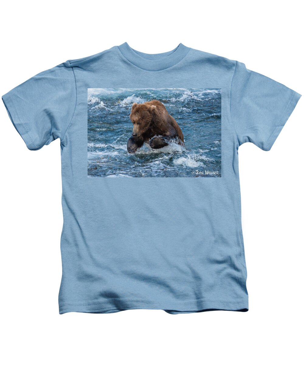 Alaska Kids T-Shirt featuring the photograph The grizzly plunge by Joan Wallner