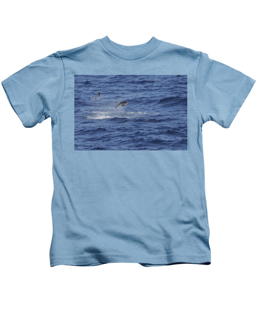 Yellowfin Kids T-Shirt featuring the photograph Two Jumping Yellowfin Tuna by Bradford Martin