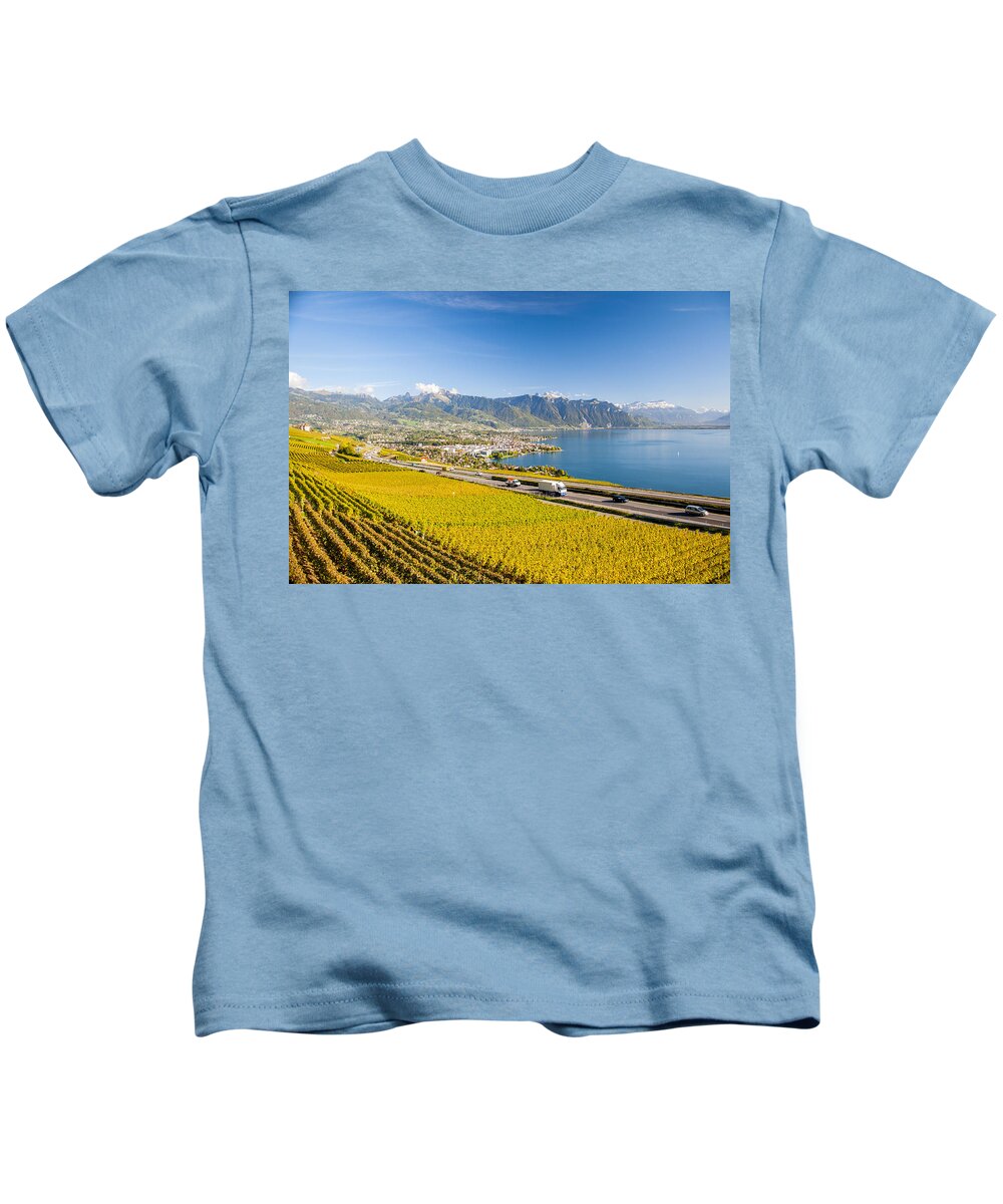 Montreux Switzerland Tourism Kids T-Shirt featuring the photograph Vineyards near Montreux by Rob Hemphill