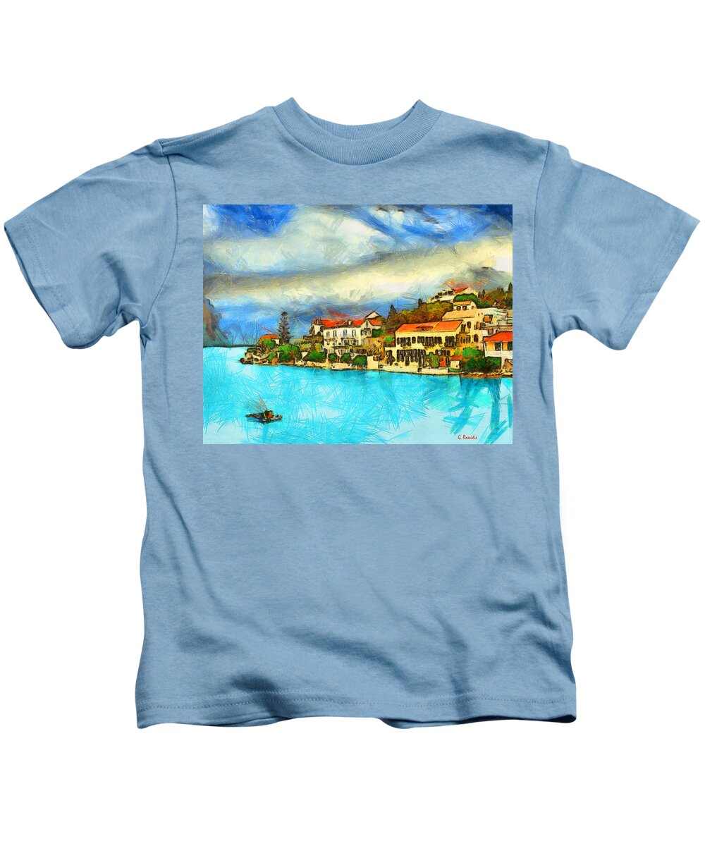 Rossidis Kids T-Shirt featuring the painting Kefalonia Fiscardo #2 by George Rossidis
