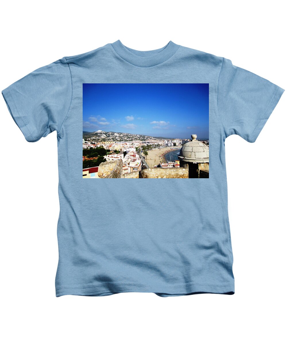 Peniscola Kids T-Shirt featuring the photograph Peniscola Beach Castle Sea View At the Mediterranean Water Front Homes in Spain by John Shiron