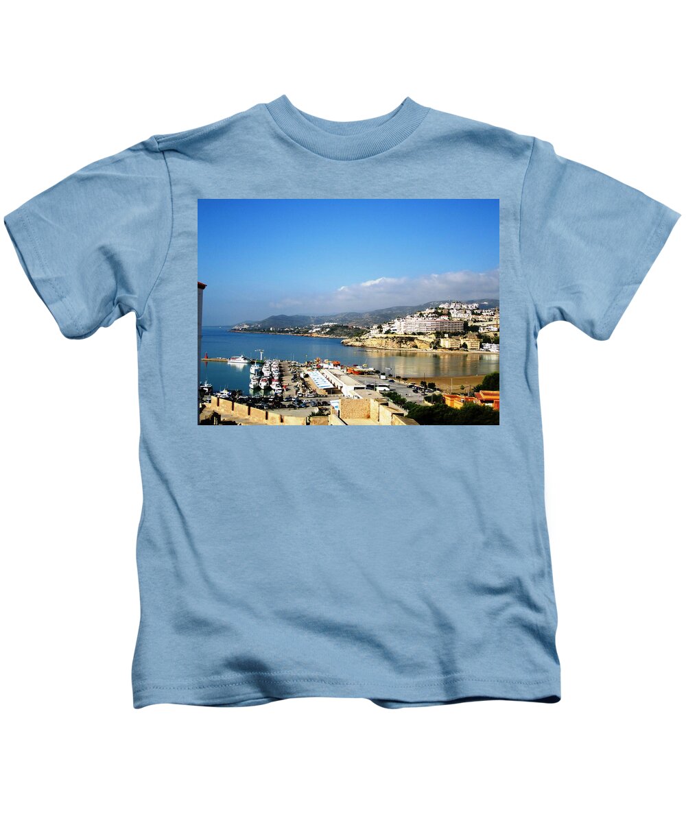 Marina Kids T-Shirt featuring the photograph Peniscola Marina Water Reflection Sea View At the Mediterranean Water Front Homes in Spain by John Shiron