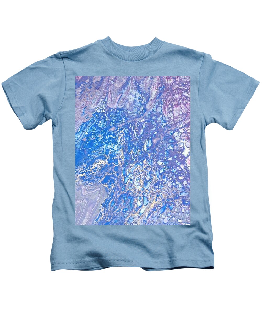 #acrylicdirtypours #acrylicpaintings #carylicswithbluesandpurple #coolart #sugarplumtheband #acrylicart #acrylicwithcoolcolors #abstractartforsale #camvasartprints #originalartforsale #abstractartpaintings Kids T-Shirt featuring the painting Acrylic Dirty Pour using blues, purples and gold by Cynthia Silverman