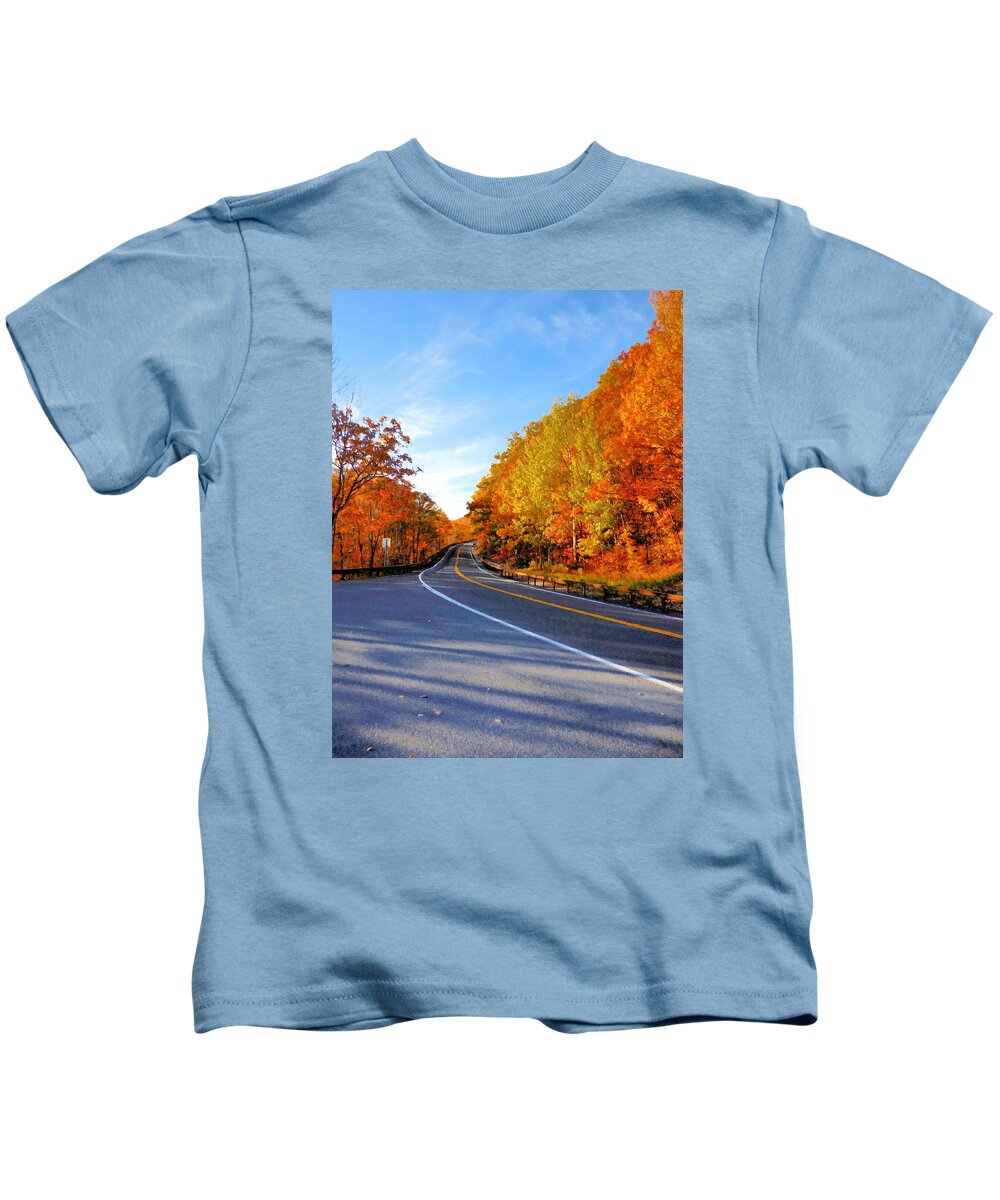 Autumn Scene With Road In Forest Kids T-Shirt featuring the painting Autumn scene with road in forest 2 by Jeelan Clark