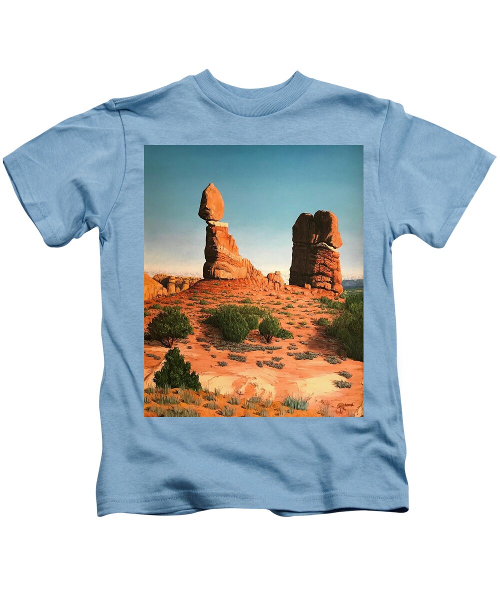 Balanced Rock Kids T-Shirt featuring the digital art Balanced Rock at Arches National Park by Rick Adleman