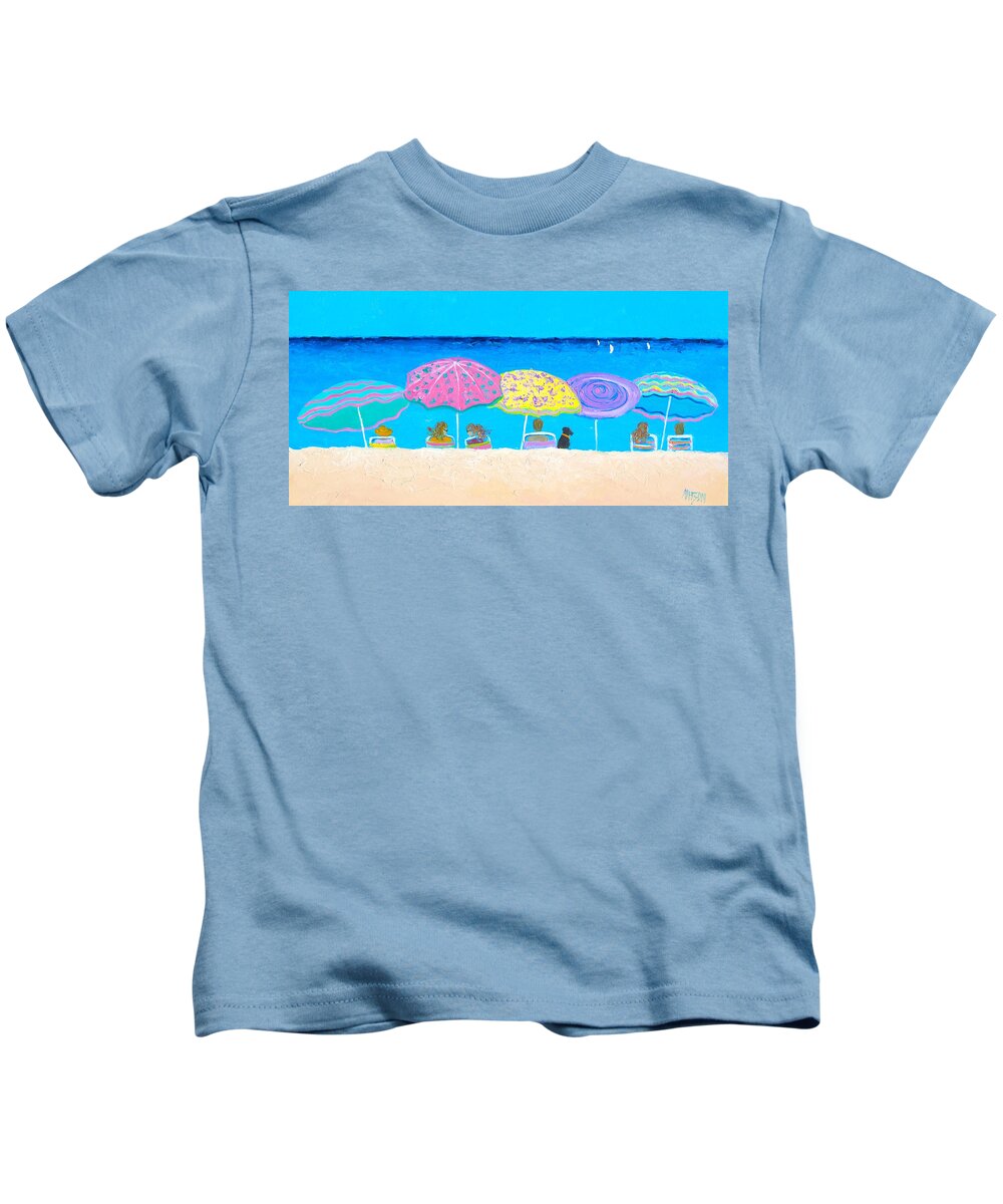 Beach Kids T-Shirt featuring the painting Beach sands Perfect Tans by Jan Matson