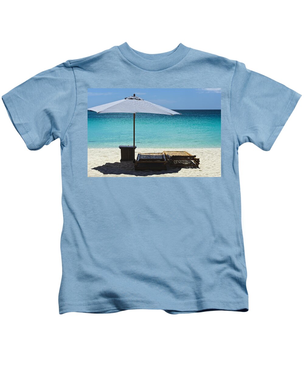 Beach Scene Kids T-Shirt featuring the photograph Beach Scene with Lounger and umbrella by Paul W Sharpe Aka Wizard of Wonders