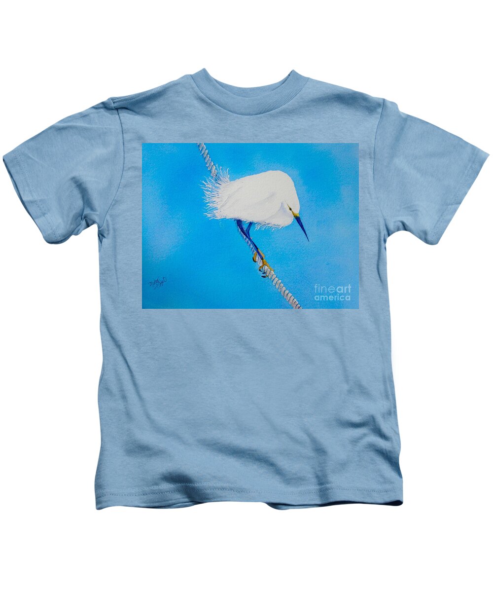 Blue Kids T-Shirt featuring the painting Bird on a Wire by Midge Pippel