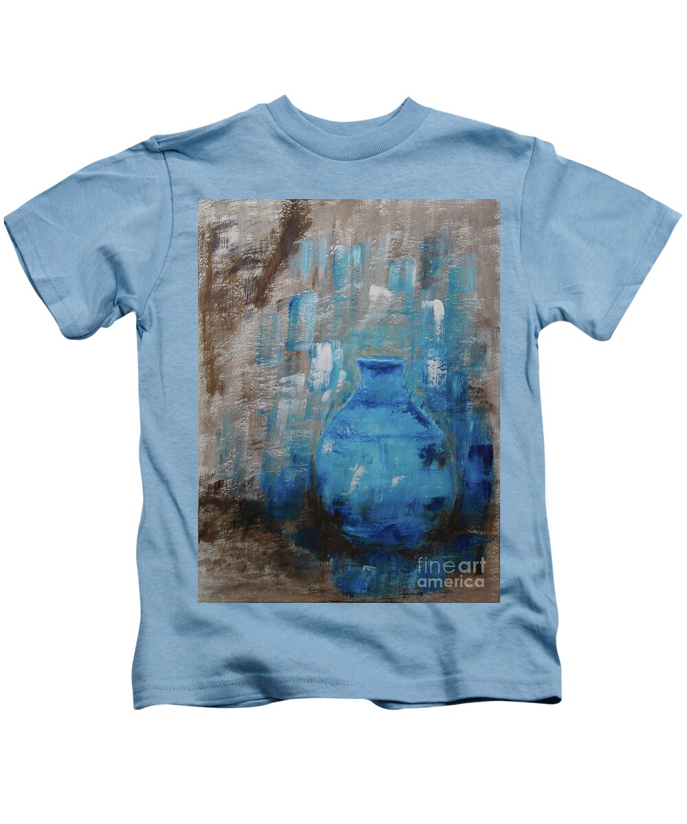 Painting-fine-art-abstract-acrylic Kids T-Shirt featuring the painting Blue Pottery Vase Painting by Catalina Walker