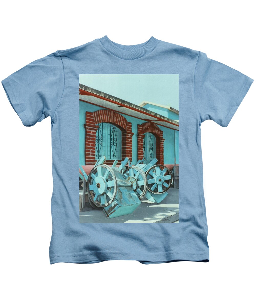 Hyperrealism Kids T-Shirt featuring the painting Carts and Door by Michael Earney