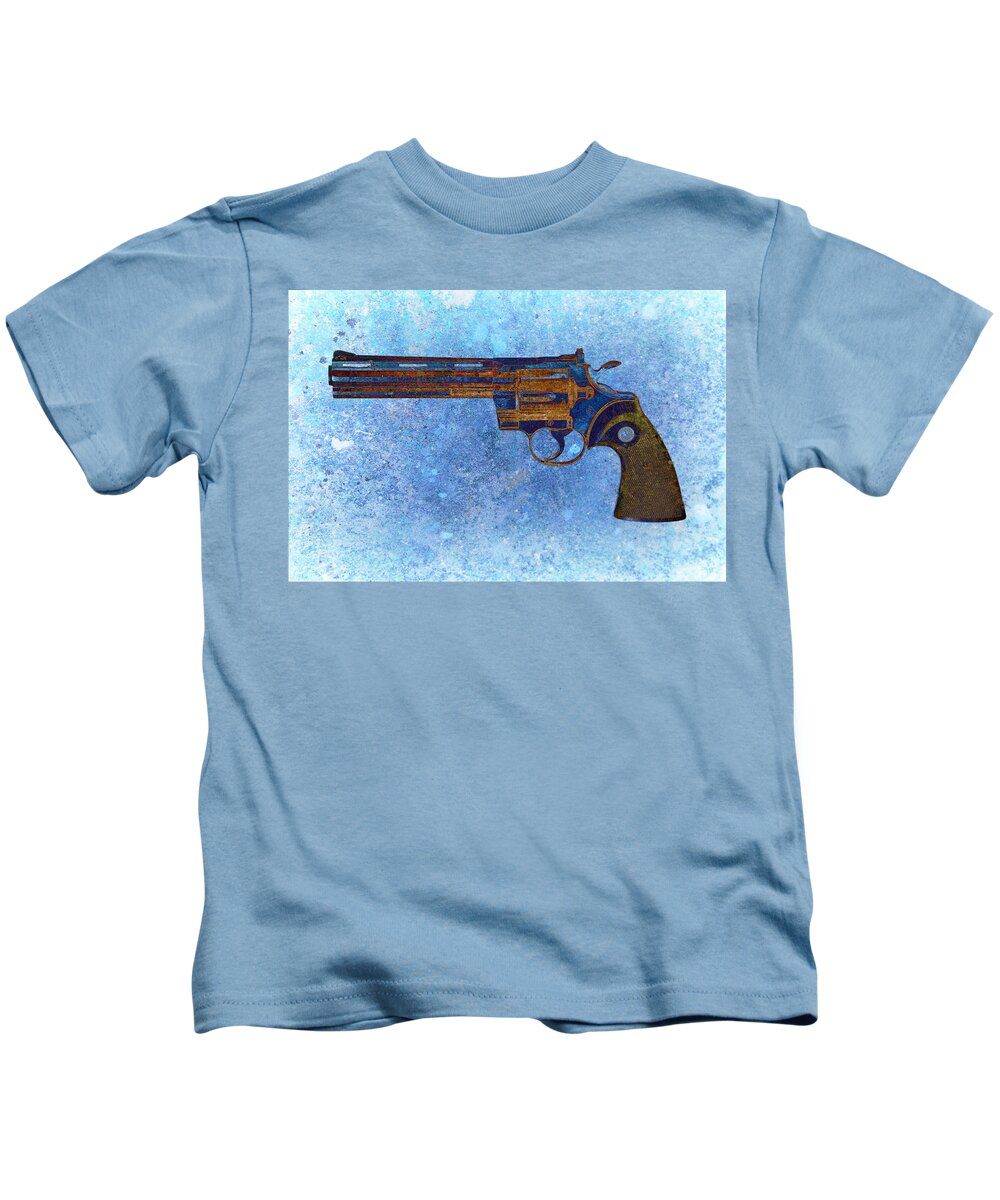 Colt Kids T-Shirt featuring the digital art Colt Python 357 Mag on Blue Background. by M L C