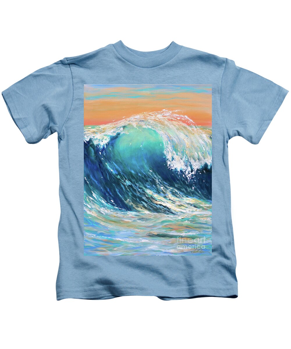 Surf Kids T-Shirt featuring the painting Curl at Sunset by Linda Olsen