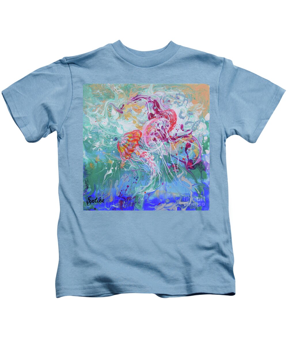 Jellyfish Kids T-Shirt featuring the painting Dancing Jellyfish by Jyotika Shroff