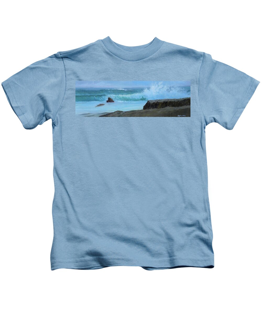Seascape Landscape Sea Ocean Rocks Waves Beach Maine Coast Kids T-Shirt featuring the painting Double Wave by Scott W White