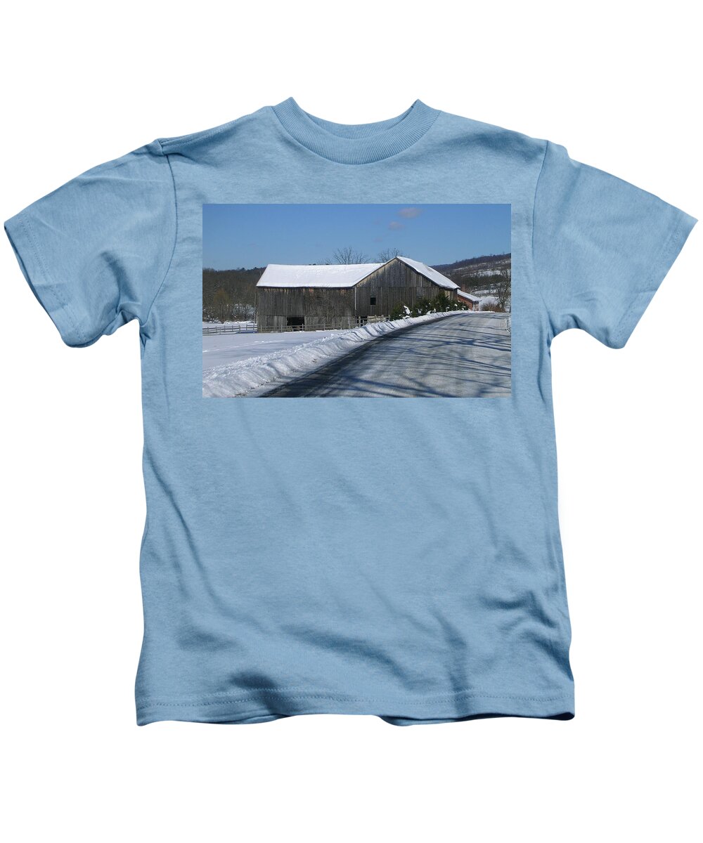 Landscape Of Old Barn On The Road Side Of A Freshly Plowed Country Road. Kids T-Shirt featuring the photograph Drive by Delight by Jack Harries