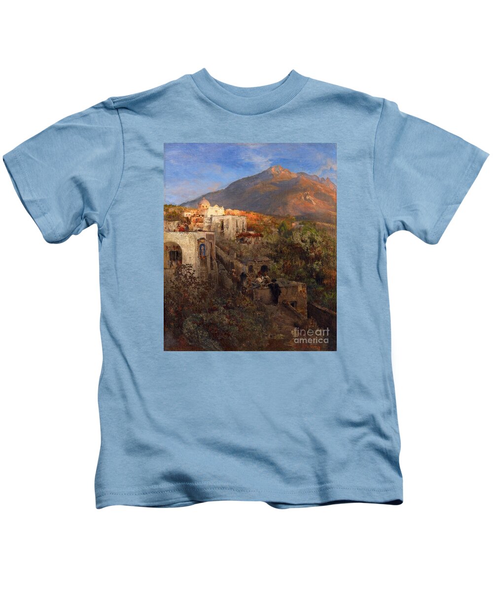 Oswald Achenbach Kids T-Shirt featuring the painting Evening In Ischia With View On The Monte Epomeo by MotionAge Designs