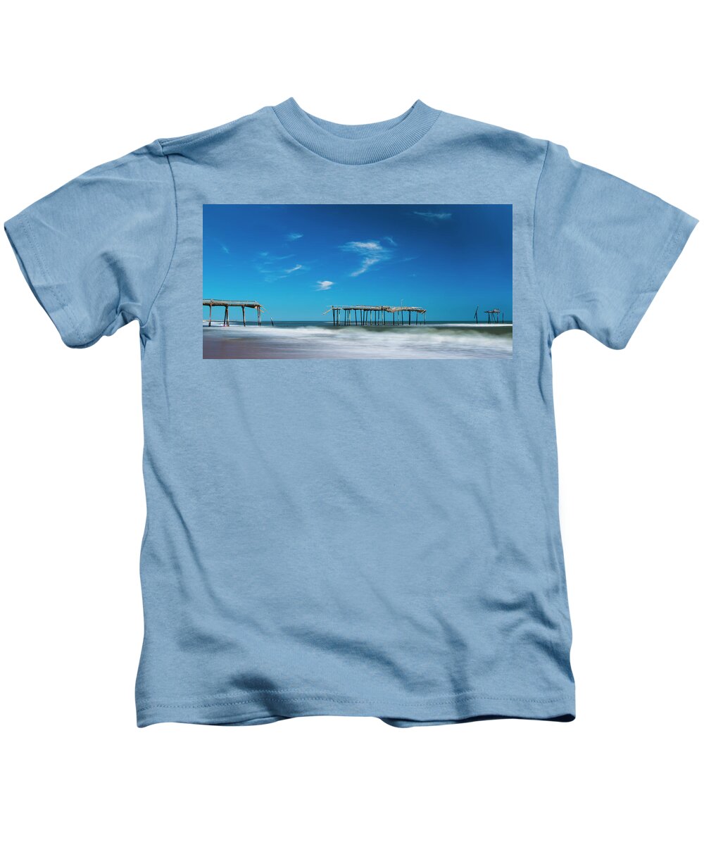 Outer Banks Kids T-Shirt featuring the photograph Frisco Fishing Pier in North Carolina Panorama by Ranjay Mitra